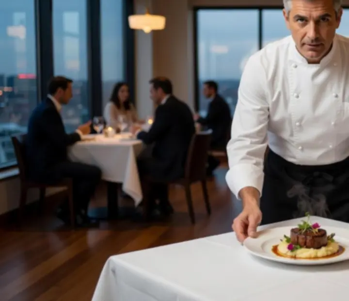 Šéfkuchař Brnostra připravuje servírovaný degustační talíř během večerního signature menu.