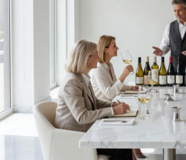 Skupina hostů při řízené degustaci vín v moderním bistru.