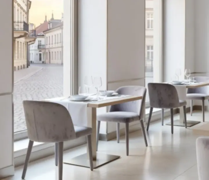 Slunný zadní lounge Brnostra s bílými ubrusy a pohodlným sezením.