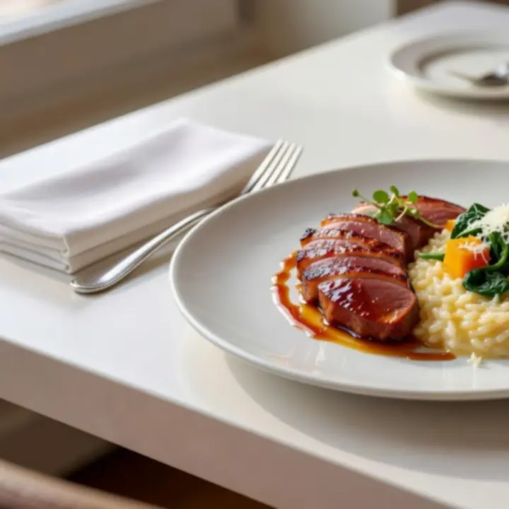 Minimalistické naservírování hlavního chodu na bílém talíři v restauraci Brnostra
