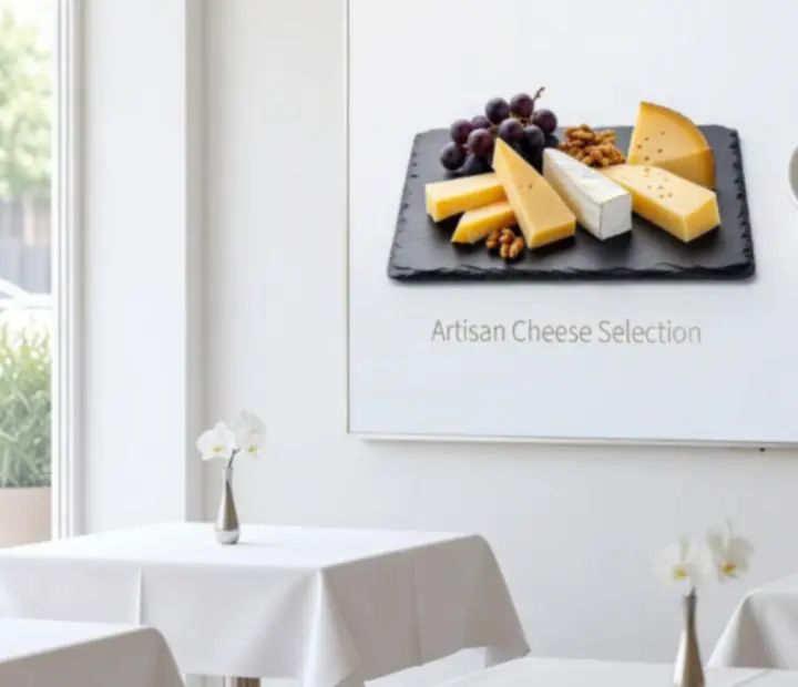 Elegantně naservírované pokrmy na minimalistické menu tabuli v restauraci Brnostra