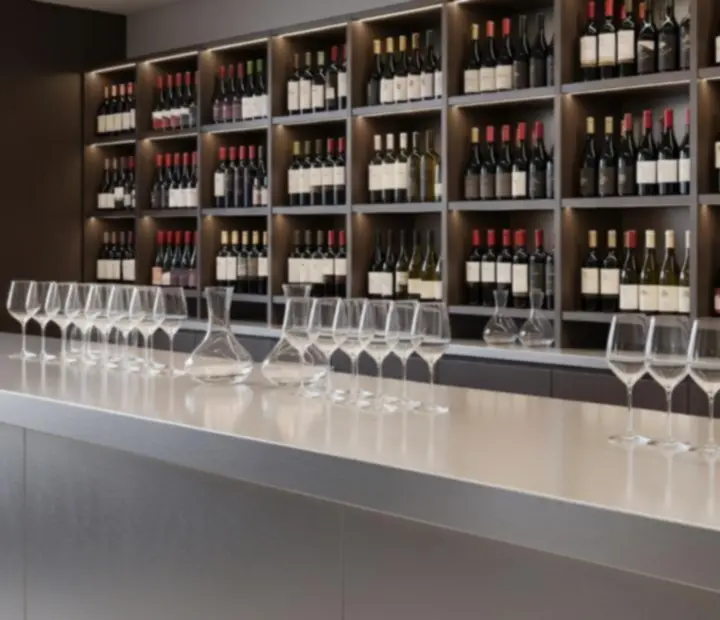 Elegantní vinný bar v Brnostra s moderním platinovým akcentem a výběrem lahví