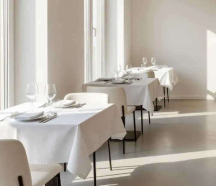 Prosluněný interiér restaurace Brnostra s bílými stolními ubrusy a elegantním nábytkem