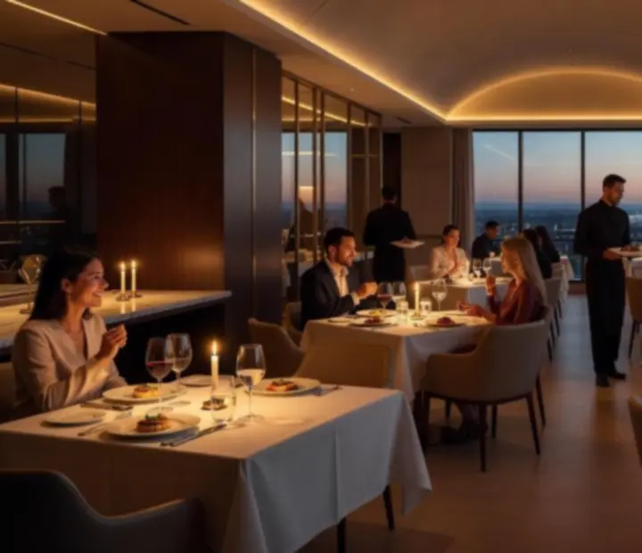 Večerní atmosféra moderního bistra Brnostra se svíčkami a servírovaným degustačním menu.